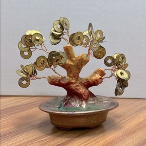 Chinese Gold Brass Coins Money Tree Lucky Good Fortune Home Decor Sculpture 6”